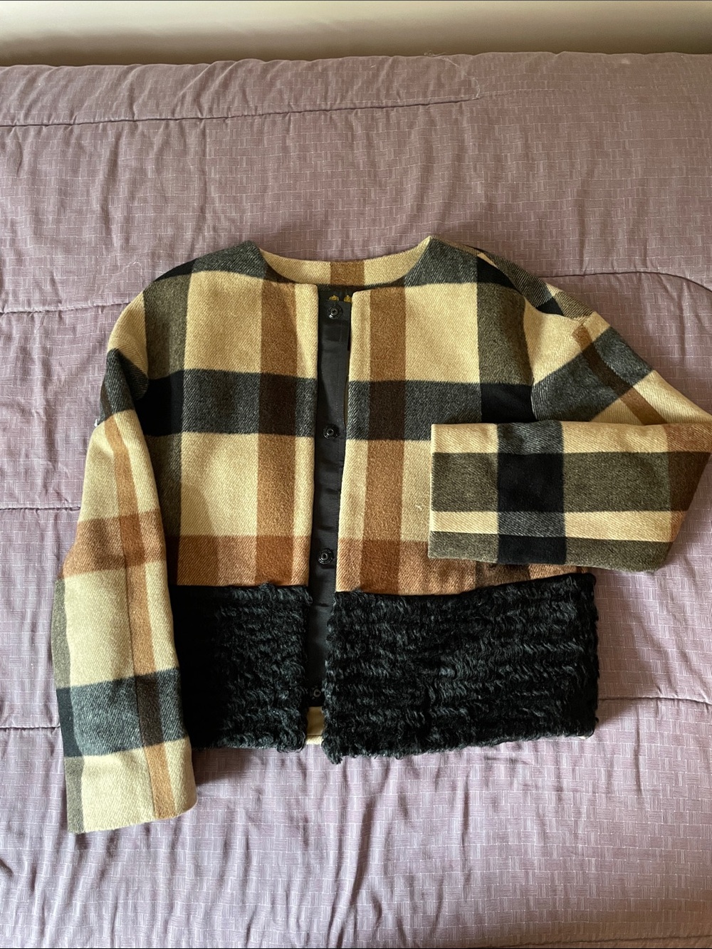 DAKS Cropped Wool Plaid Jacket in Beige, Brown & Black